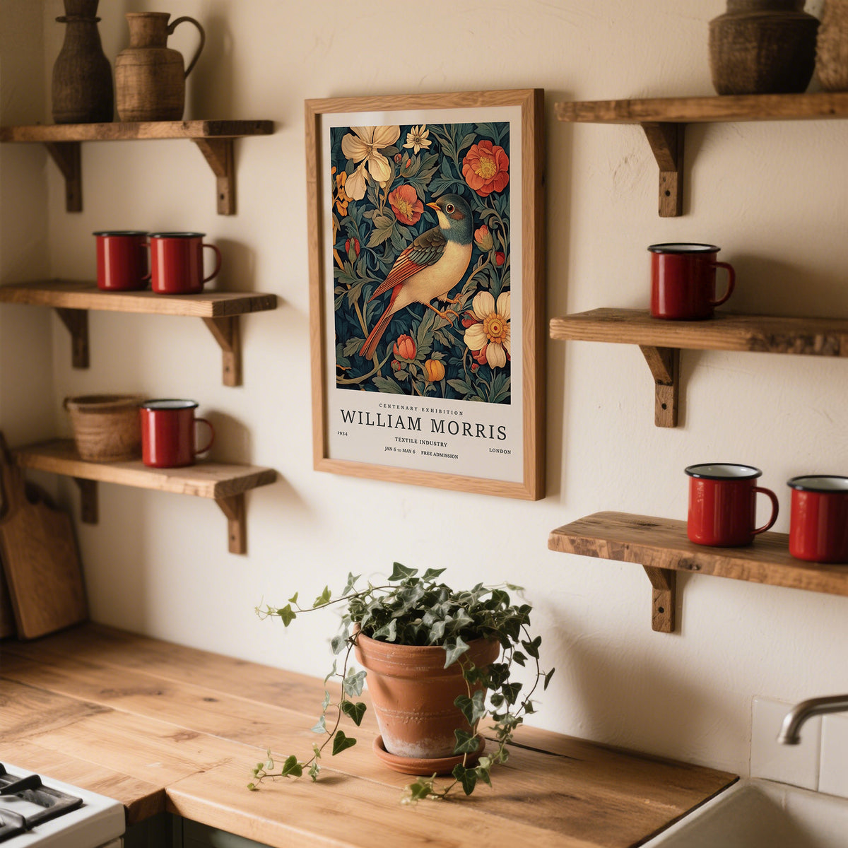 Kitchen interior with wooden shelves, red mugs, a framed William Morris print, and a potted plant.