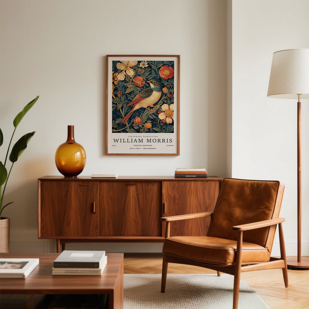 Decorative vintage bird prints with golden orange flowers and lush green leaves.