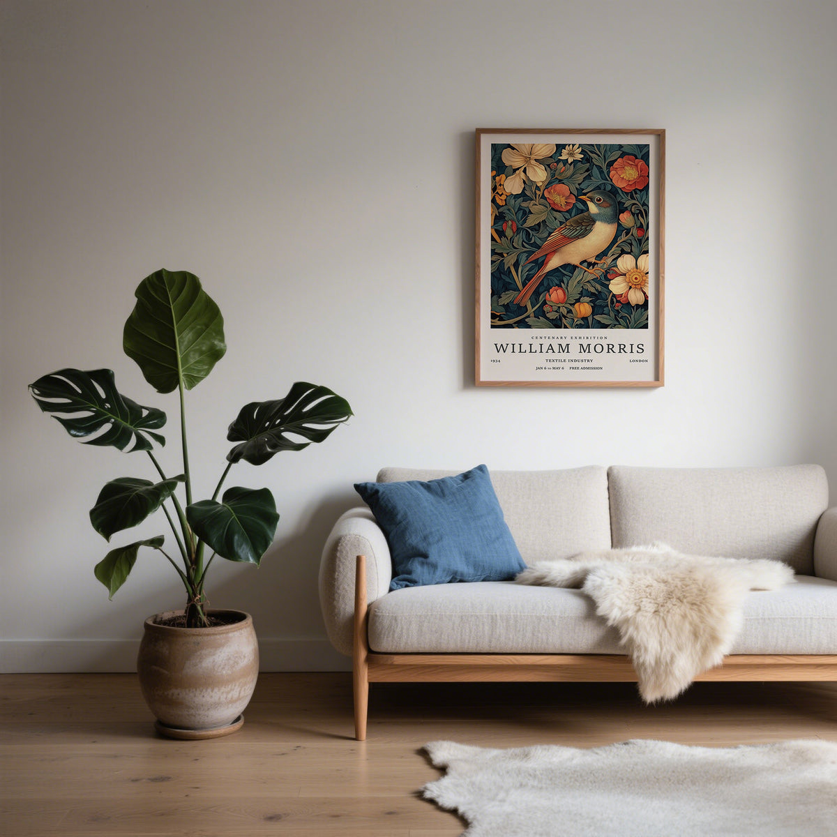 Living room with a sofa, plant, and framed William Morris artwork.