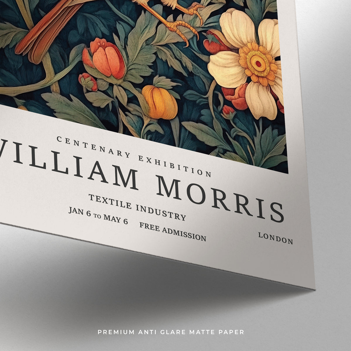 Poster for William Morris centenary exhibition with floral design