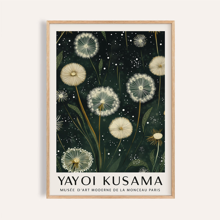 Framed print close-up of dandelion seed heads illustration with dark green background and white seeds