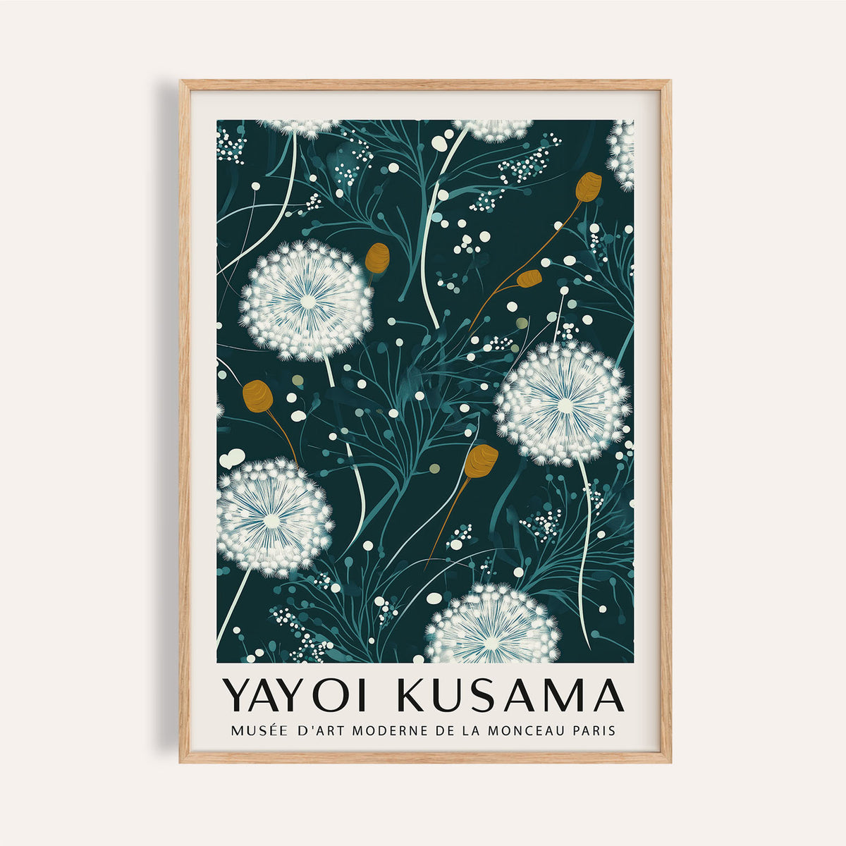 Yayoi Kusama green print featuring abstract dandelion design
