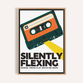 Framed Cassette Poster illustration of a cassette tape with orange and dark green colours and bold text