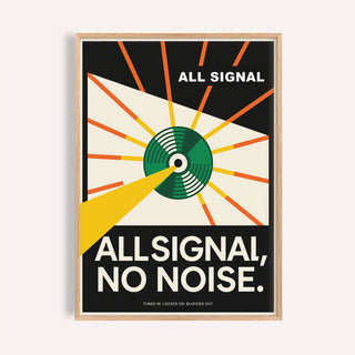 Framed Vinyl Record Poster with abstract radar signal and text in black, yellow, green and orange