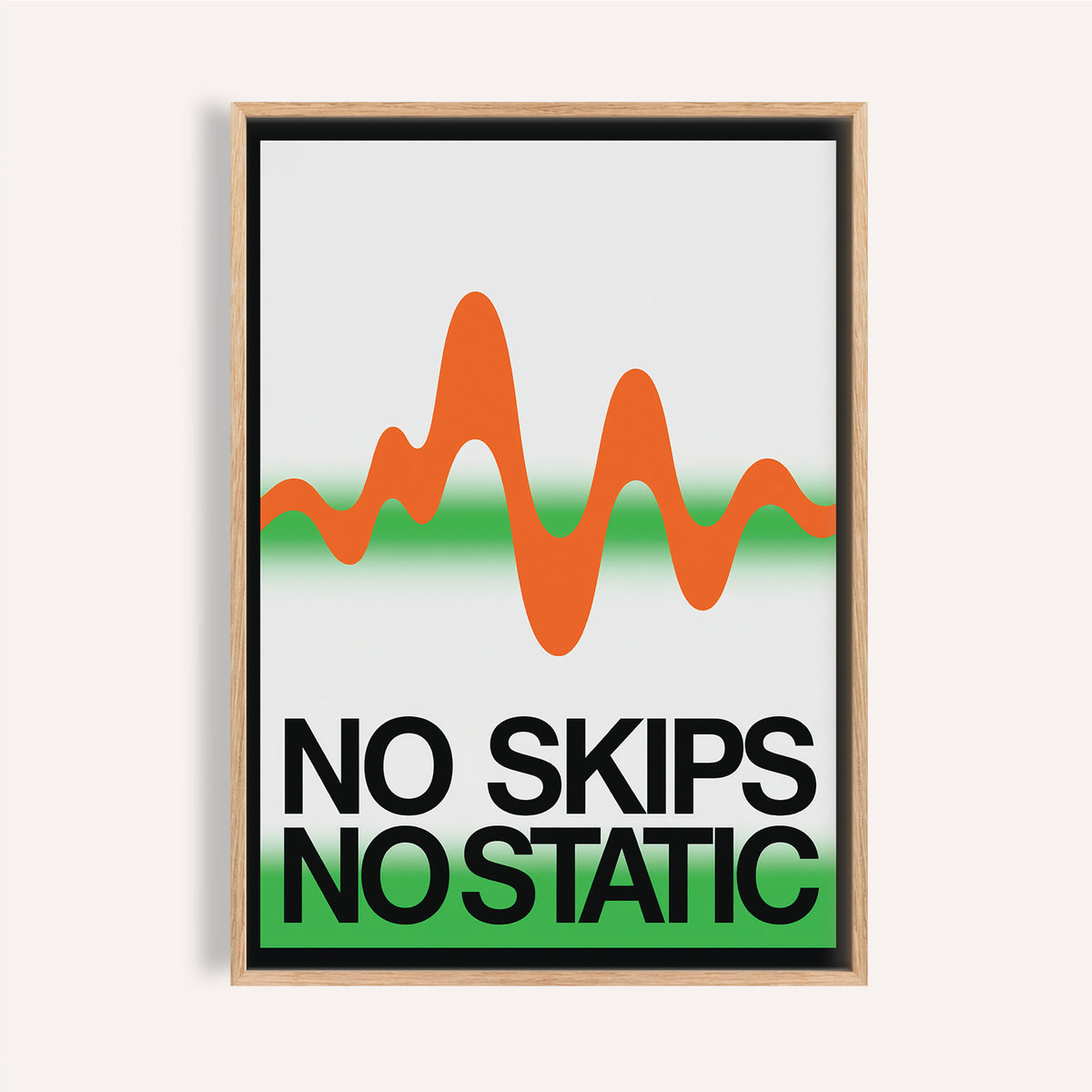 Framed print close-up of retro music poster with orange waveform and black text