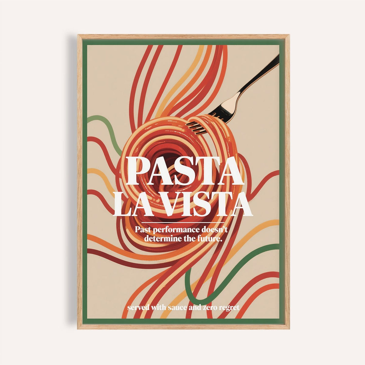 Framed print of spaghetti pasta fork with red and green swirls and white text Dining Room Prints