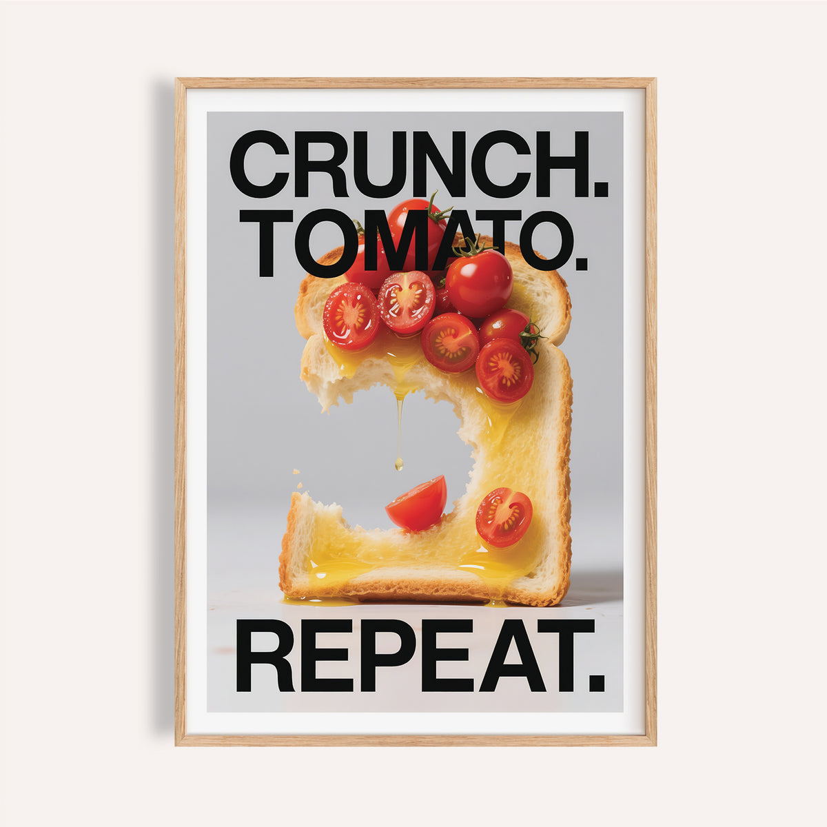 Framed close-up of Dining Table Wall Art with toast and cherry tomatoes against a grey background