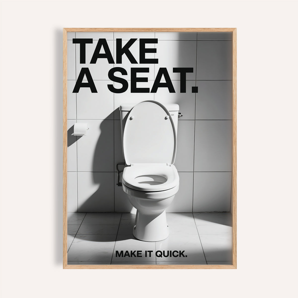 Bold funny bathroom art with white toilet and shadowed wall tiles