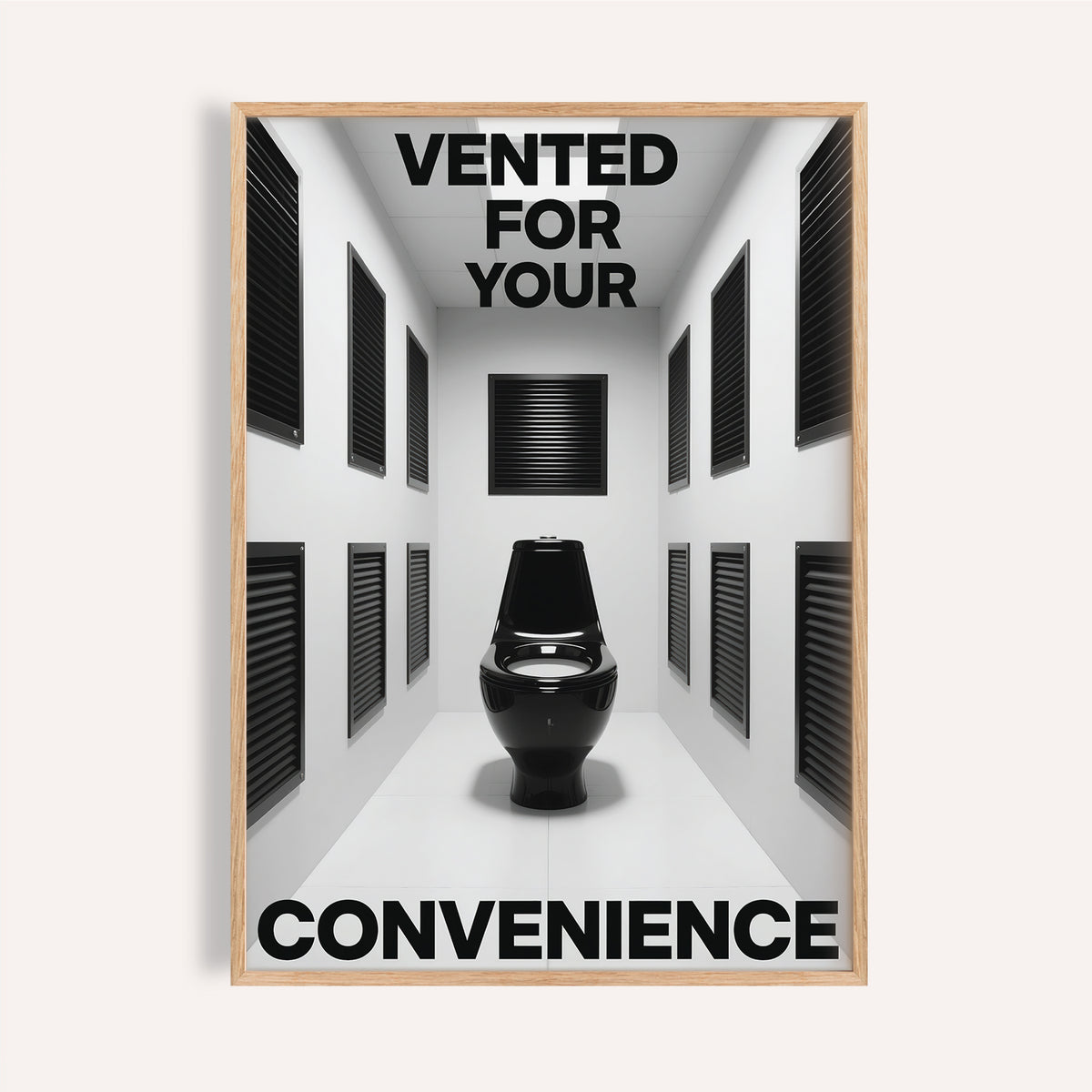 Framed Bathroom Funny Print of a black toilet in a white vented room with black vents