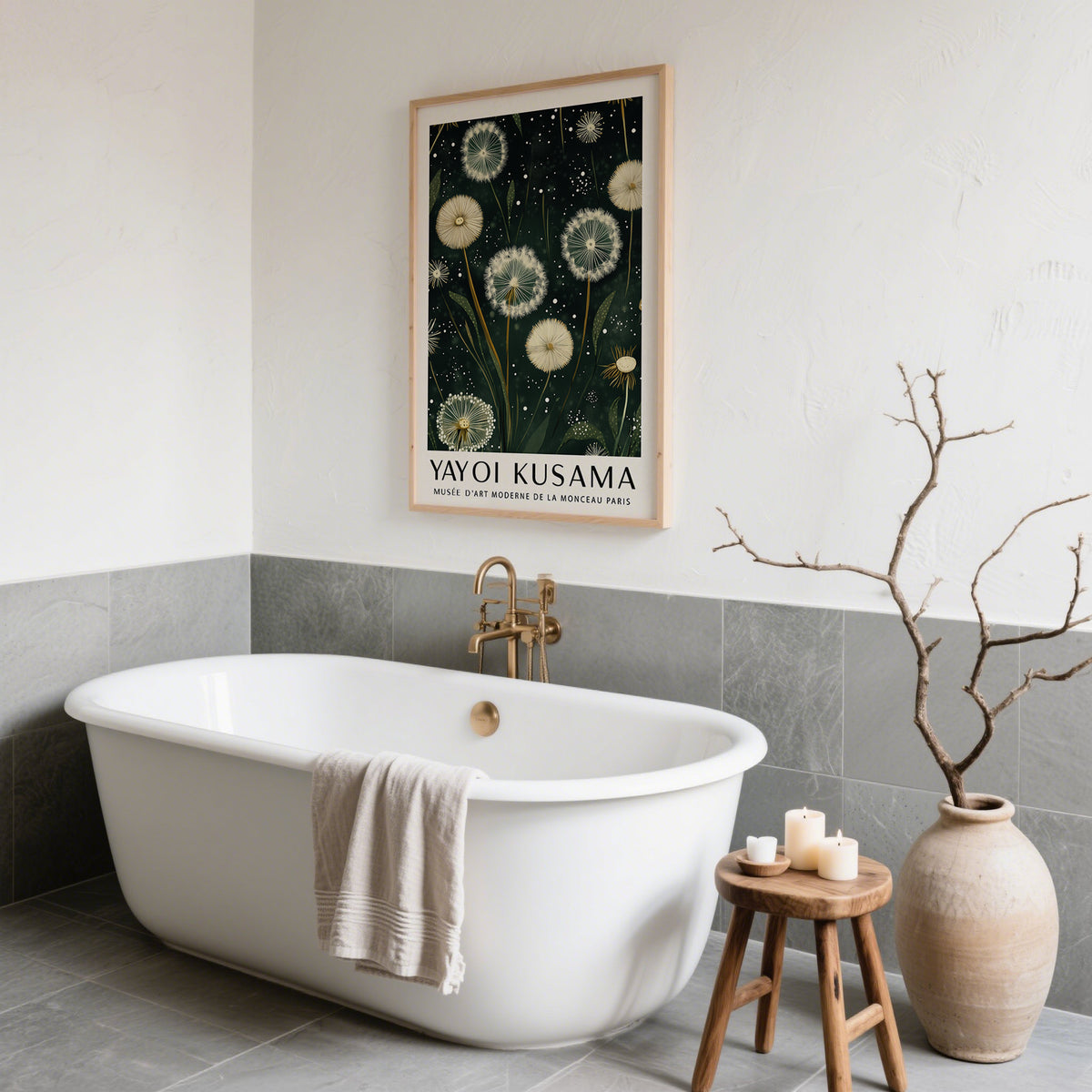 Dandelion Print framed print of botanical dandelion illustration hanging above a bathtub in a bathroom