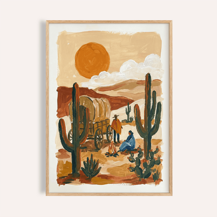 Desert wall art of a figure beside a campfire with cacti and a large orange sun in brown and beige tones