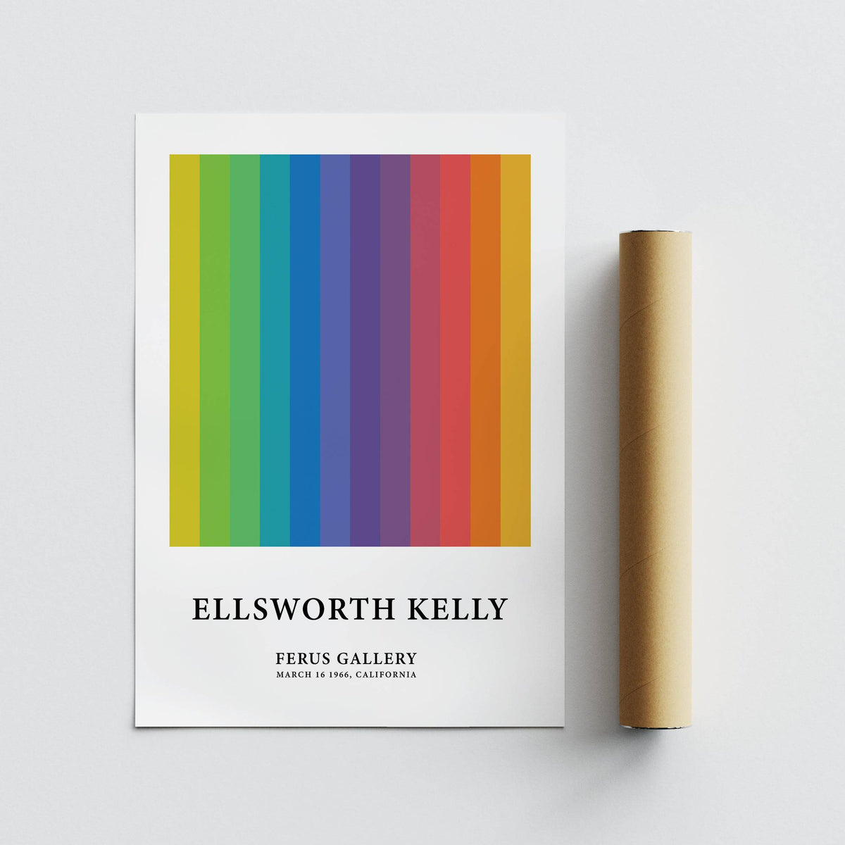 Close-up of Colorful Gallery Wall Art with vertical stripes and text next to a brown packaging tube