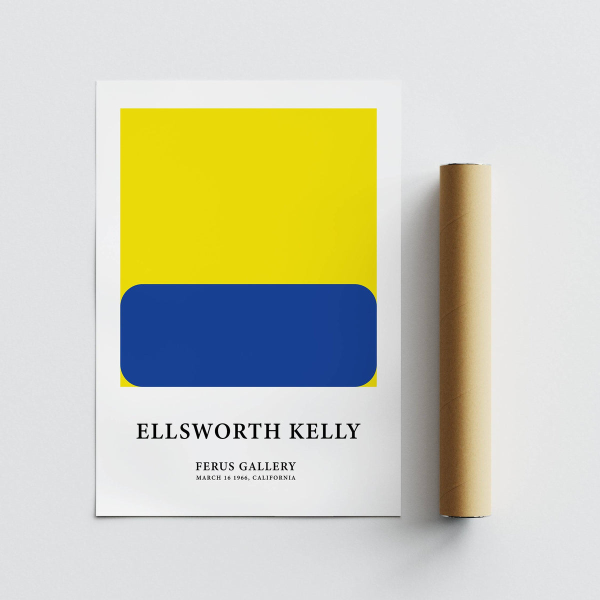 Minimalist Artwork print with a blue rounded rectangle on a yellow square with a packaging tube on the side