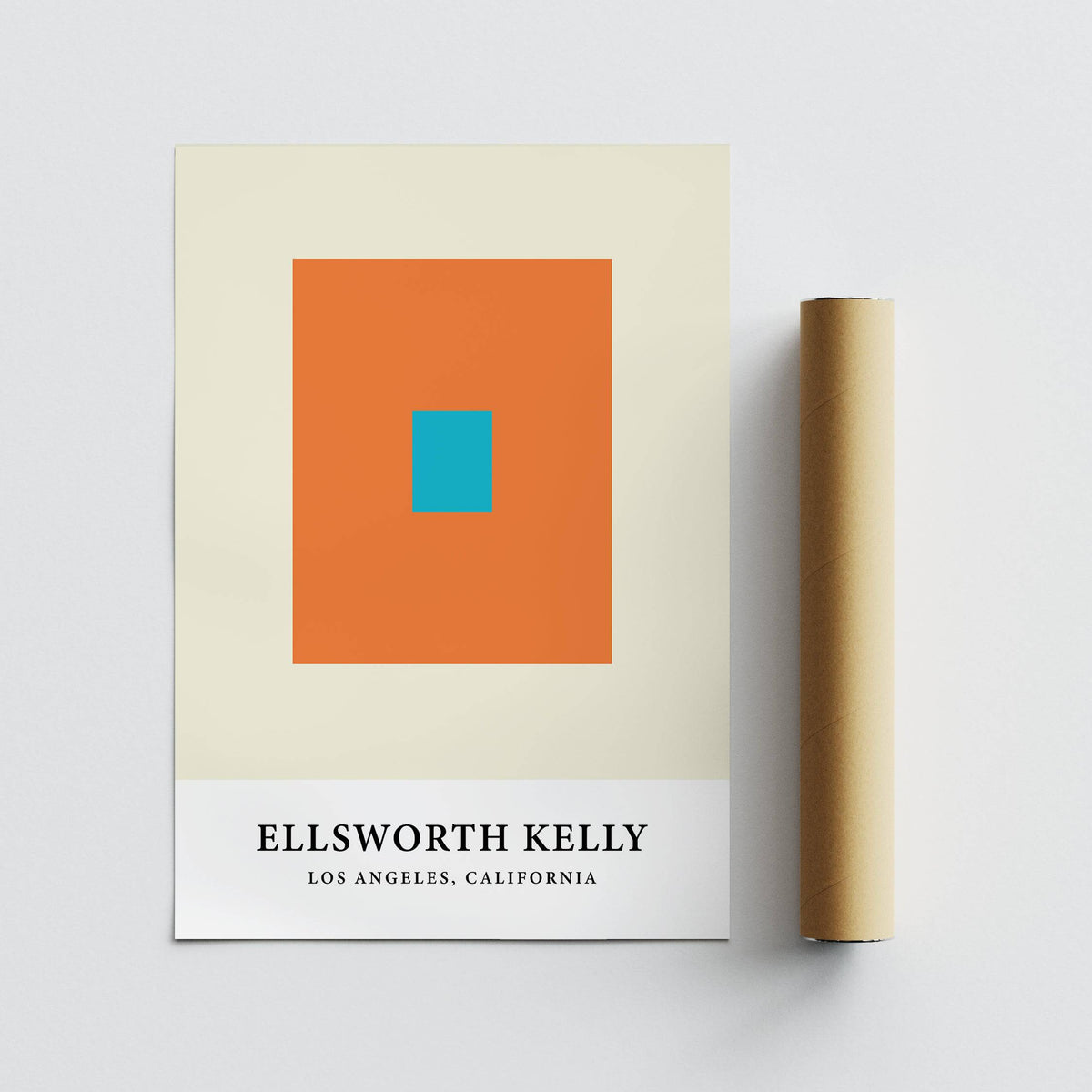 Ellsworth Kelly Artwork unframed print with orange and blue squares alongside packaging tube