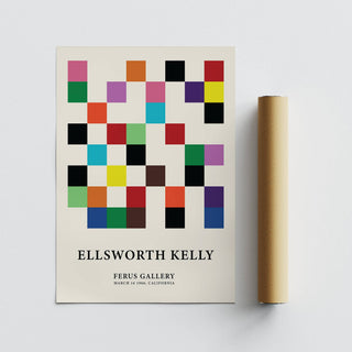 Posters for Office print with colourful squares grid in a minimalist style next to a brown packaging tube