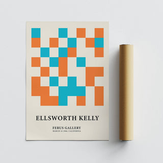 Large Geometric Wall Art print with orange and blue squares beside a packaging tube