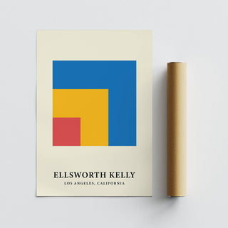 Modern Minimal Wall Art print of colourful nested squares beside a packaging tube on a grey surface