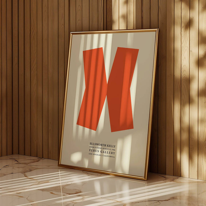 Ellsworth Kelly Print leaning on a floor with marble tiles and wood panel wall with shadows