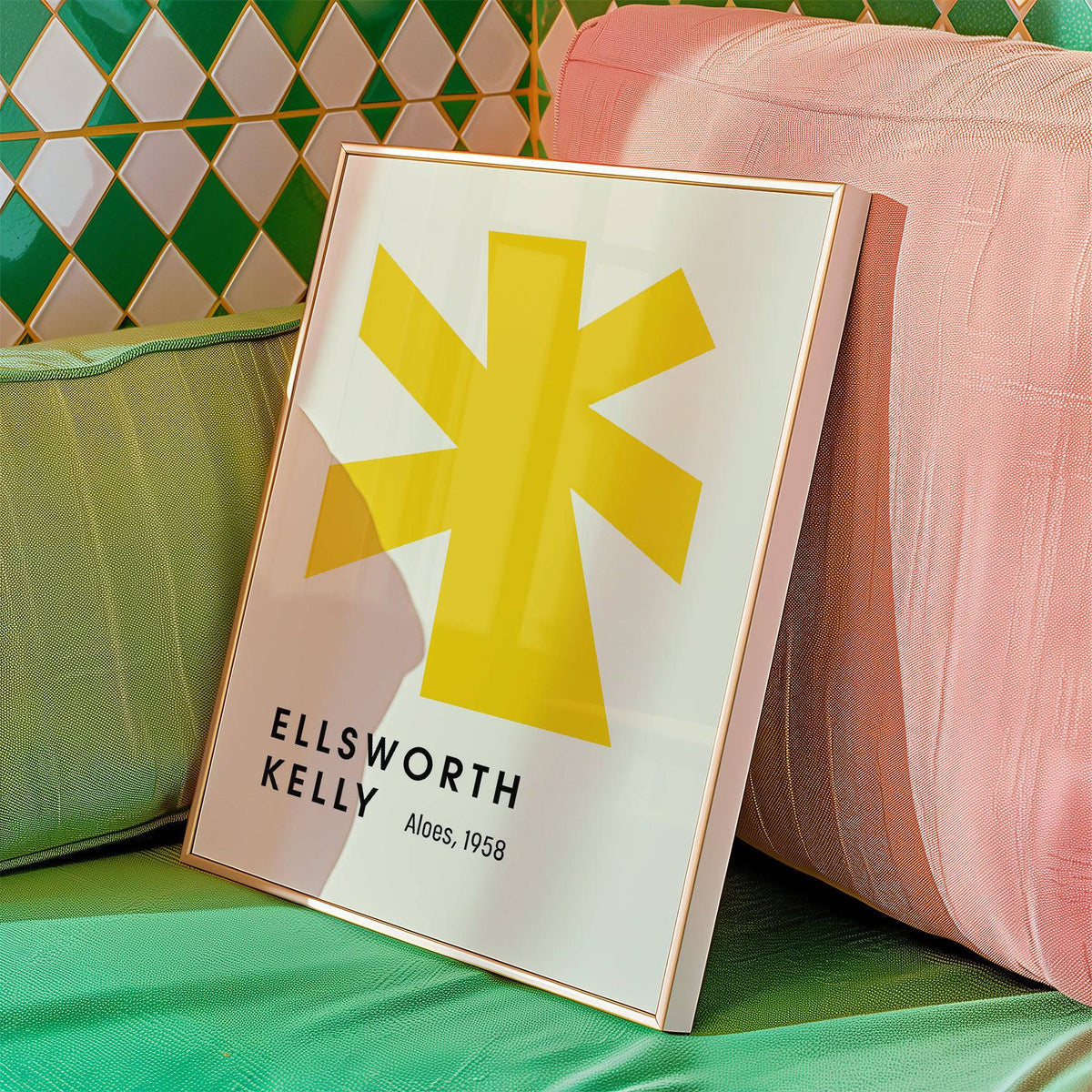 Framed print of Large Minimalist Wall Art with yellow abstract shape leaning on pink and green cushions