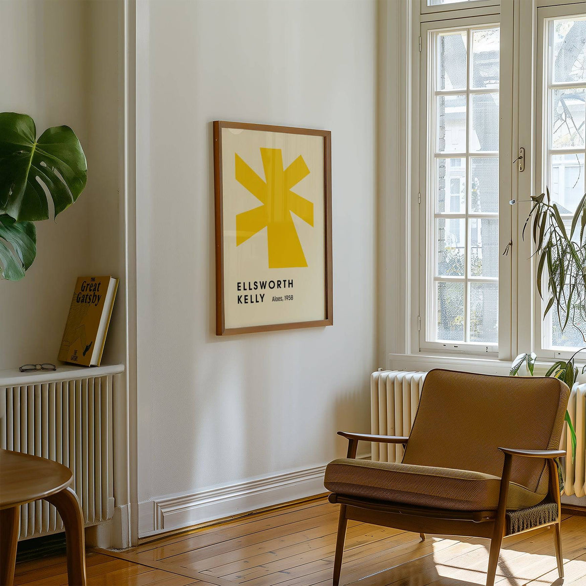 Large Minimalist Wall Art with yellow abstract shape framed above a brown armchair in a light room