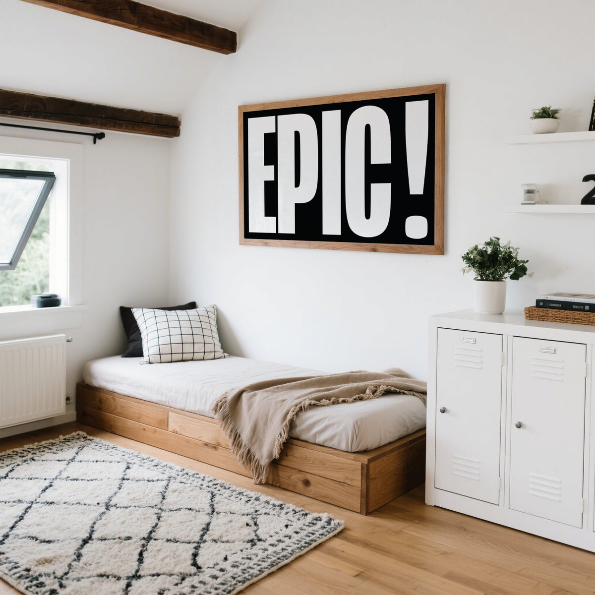 Posters Bold Font wall art with EPIC typography in black and white above a wooden bed in a minimal bedroom