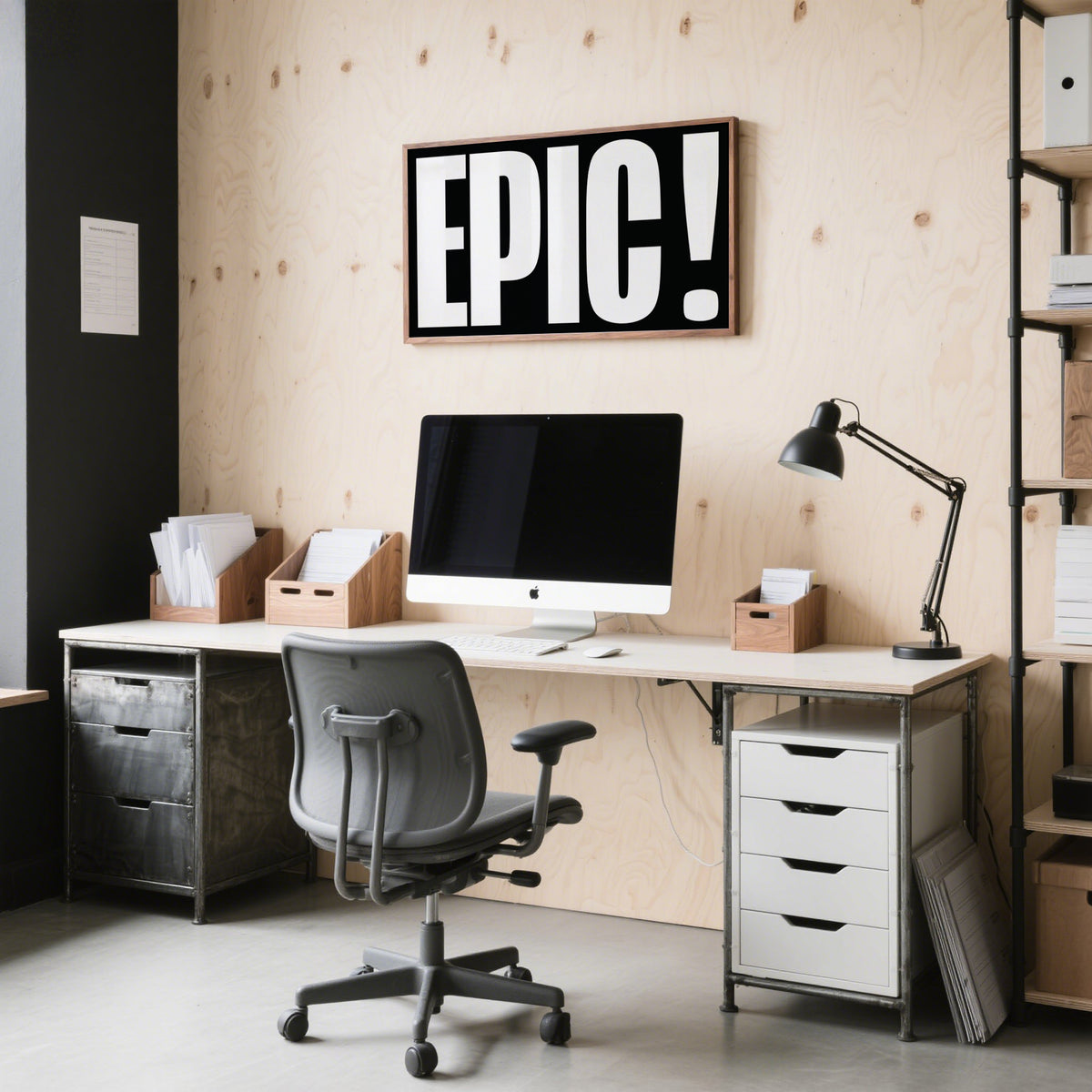 Posters Bold Font framed print with white text on black above a desk with computer and lamp