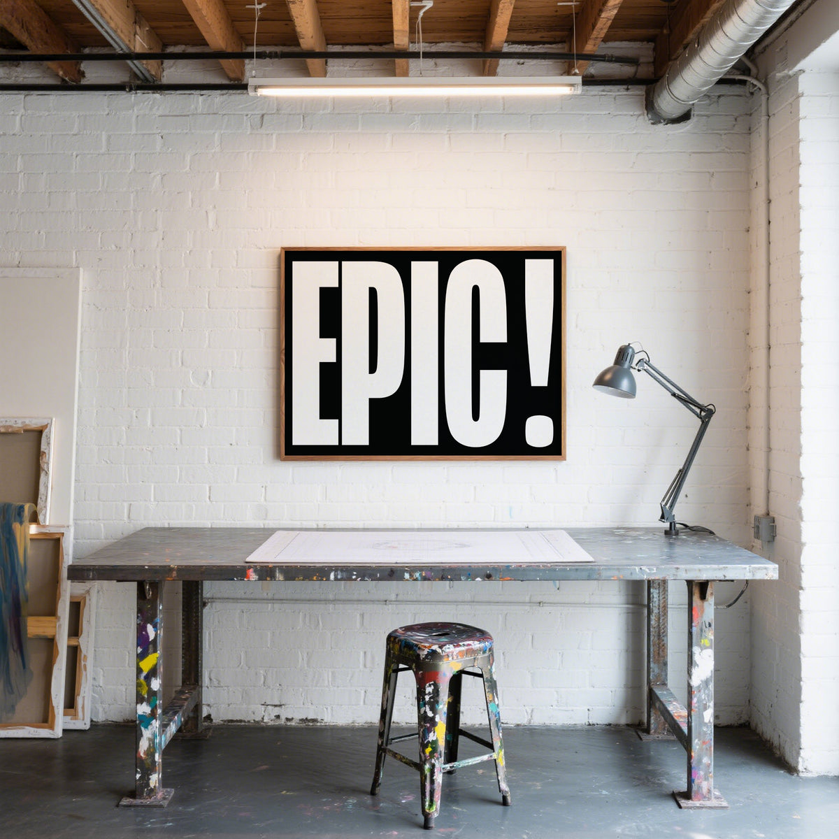 Posters Bold Font wall art with epic typography in black and white above a paint-splattered desk with a metal lamp