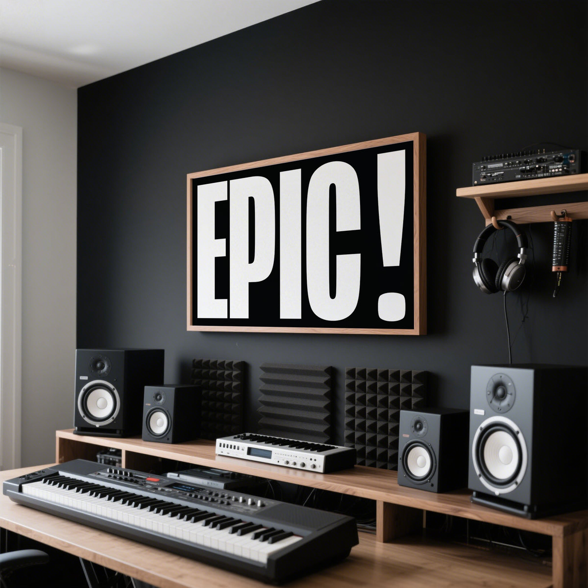 Posters Bold Font wall art with black and white epic typography above a wooden music workstation