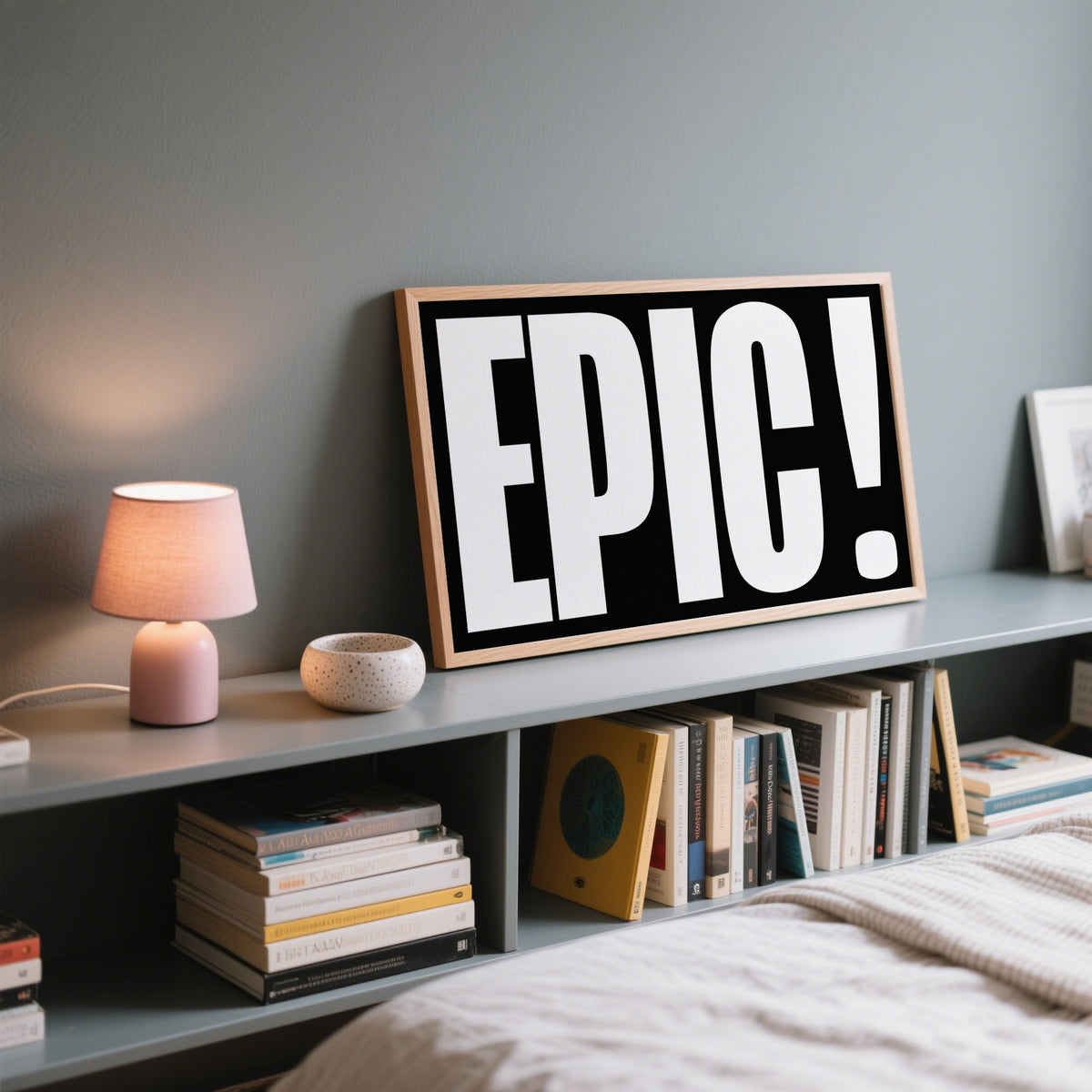 Posters Bold Font print with bold white letters on black leaning on a shelf next to a lit lamp