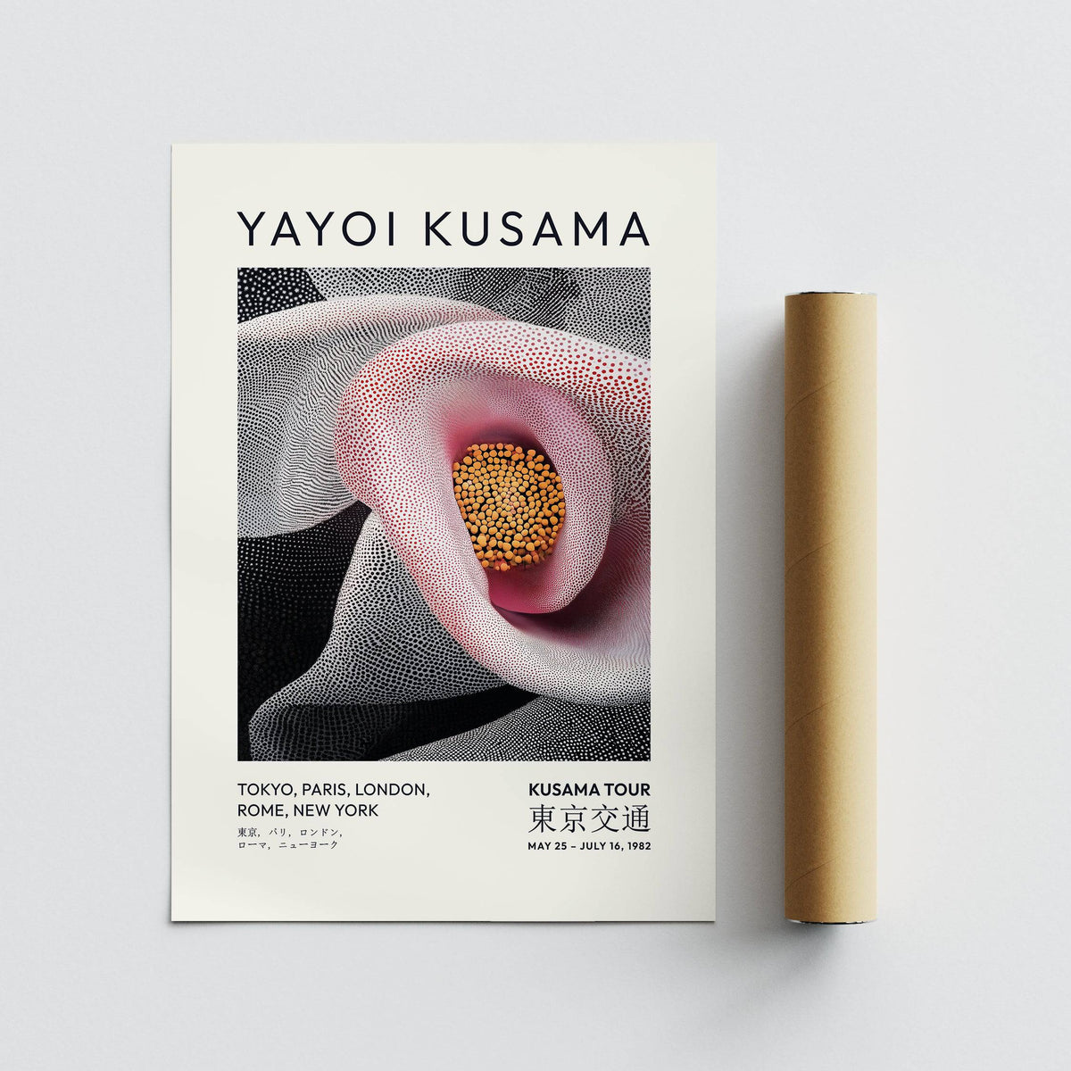 Pink Abstract Artwork print laid flat next to a brown packaging tube on a white surface