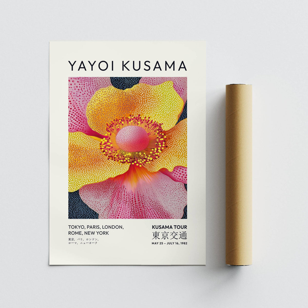Floral Art Prints rolled print with packaging tube showing yellow and pink flower illustration