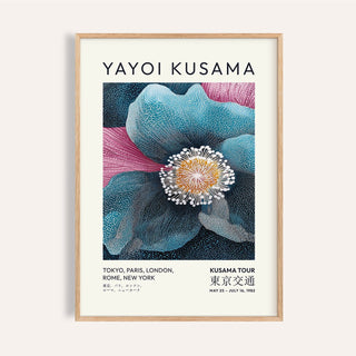 Framed print close-up of blue flower artwork with text and detailed illustration style