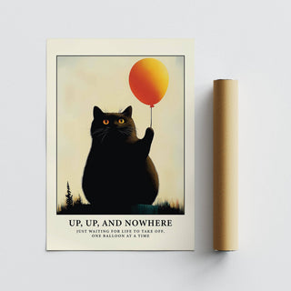 Funny Cat Poster print beside packaging tube showing black cat with orange balloon on pale background