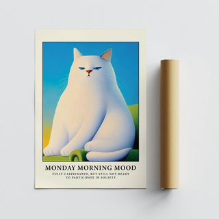 Monday Mood Cat Poster print with white cat on green chair next to a brown packaging tube