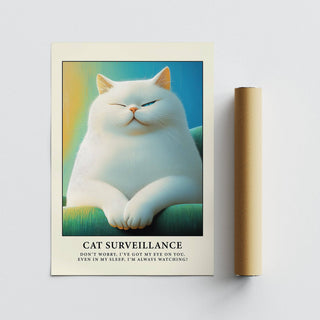 Cat lover gift print of a white cat winking with teal and yellow background next to a packaging tube
