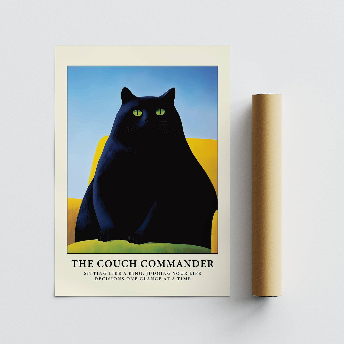 Rolled print with Cat Funny Poster of a black cat on a yellow couch and blue sky