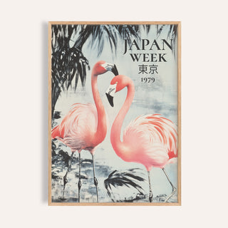 Prints of Flamingos framed print of two pink flamingos with black palm leaves in vintage style