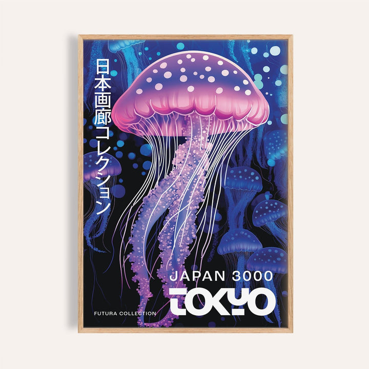 Under The Sea Decor framed print of a pink jellyfish with blue and purple background