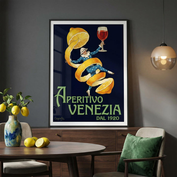 Vintage Aperitivo print of a dancer wrapped in apricot peel with a red drink on a dark wall