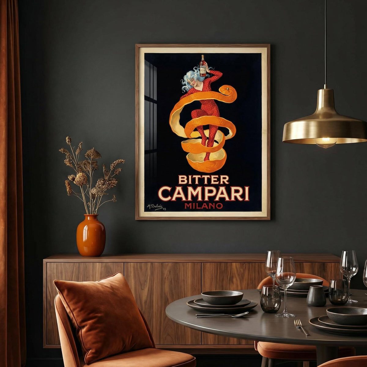 Vintage Bitter Aperitif Poster framed print of a woman with orange peel in red outfit above console with orange vase