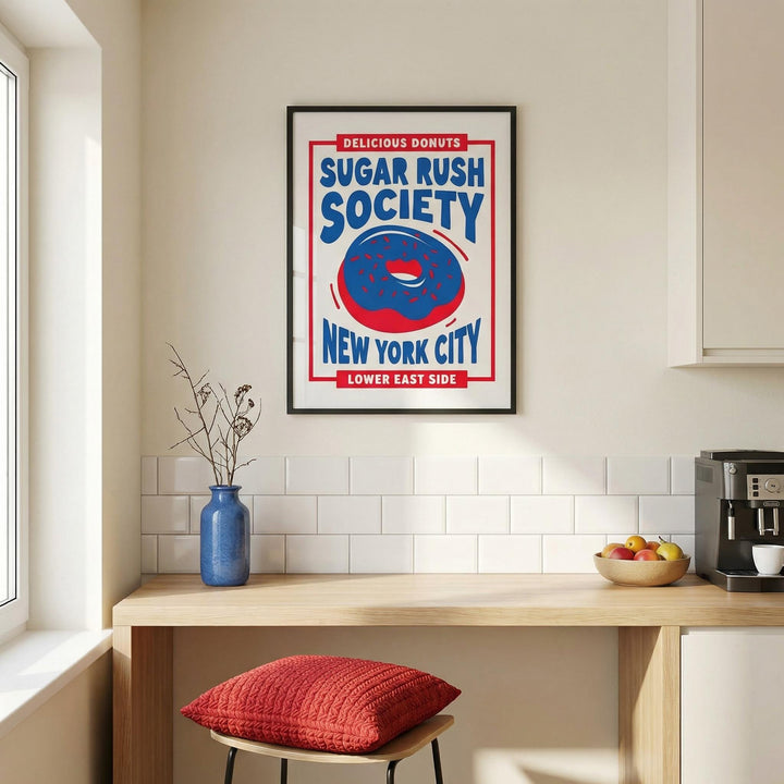 Donut wall art in a kitchen with a blue vase and red cushion on a stool