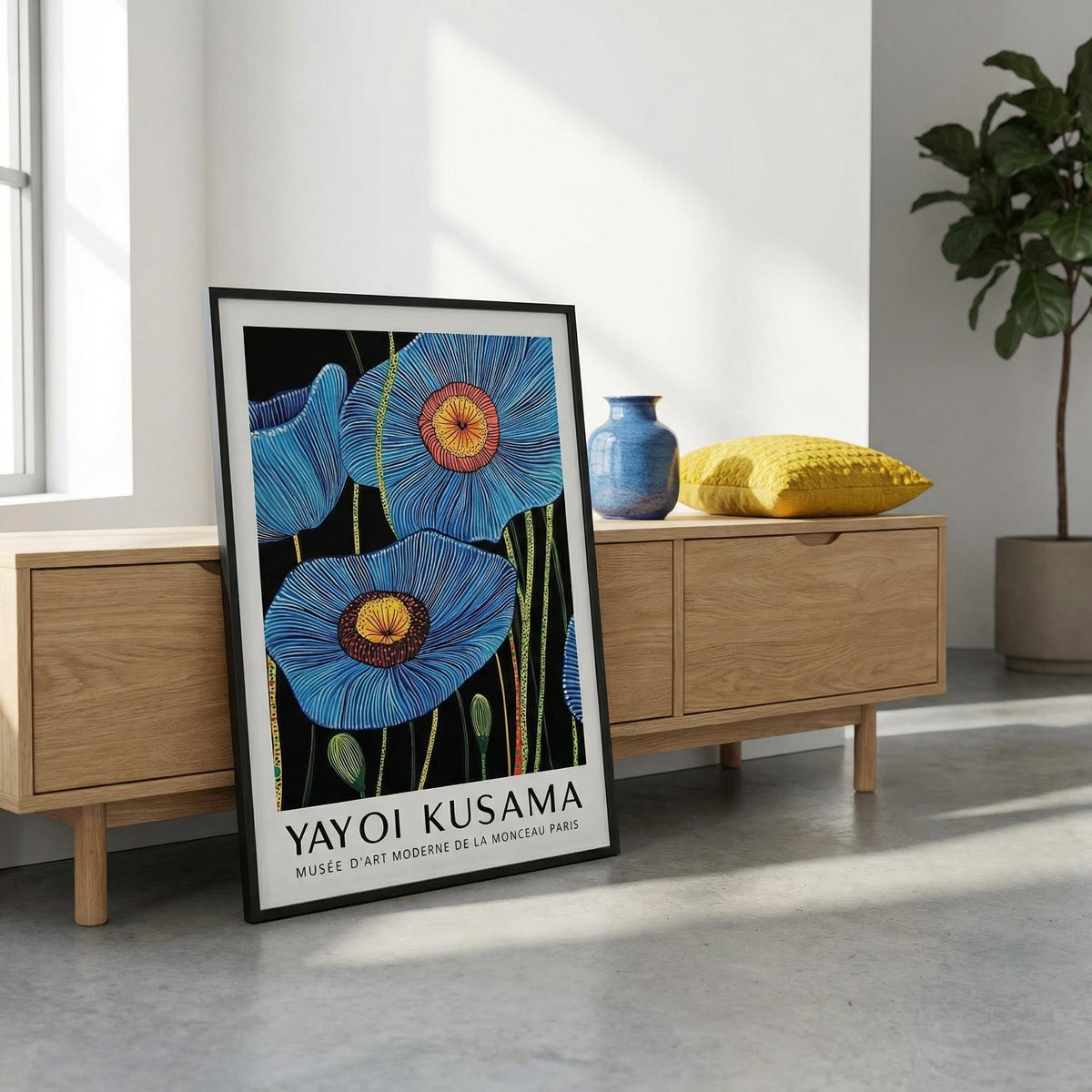 Print leaning on a sideboard vibrant blue poppy big flower wall art with a yellow cushion nearby