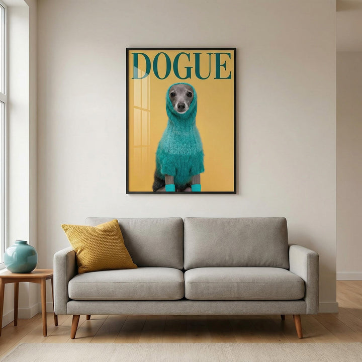 Cute Pet Wall Art of dog in blue sweater framed on wall above sofa with yellow cushion