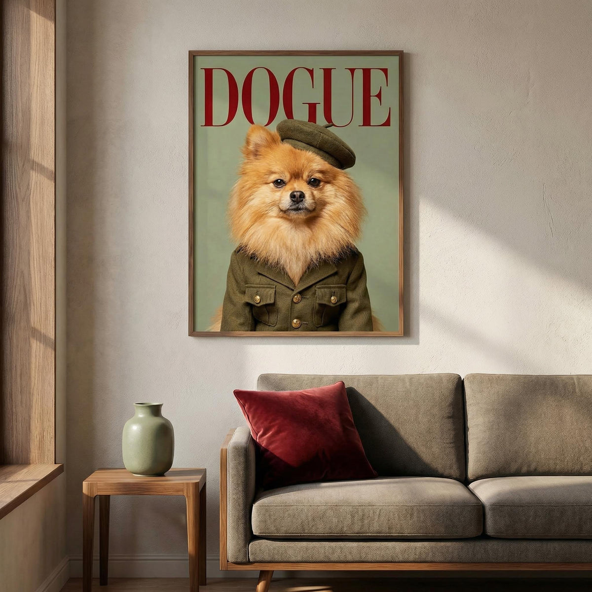 Pomeranian wall art of a dog soldier in brown uniform above a grey sofa with a red cushion
