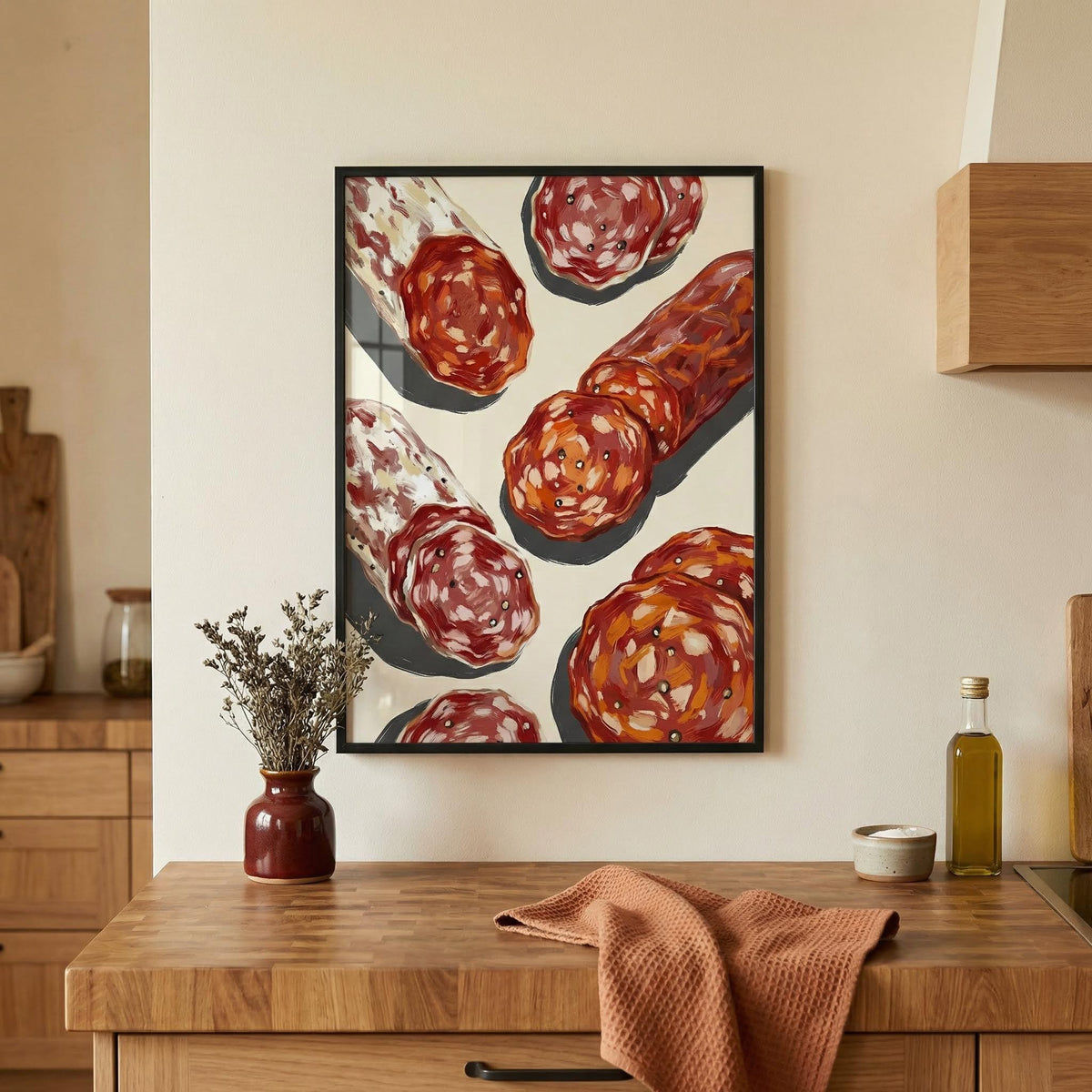 Italian Salami Print hanging in a kitchen with brown and terracotta accents and a dried flower vase