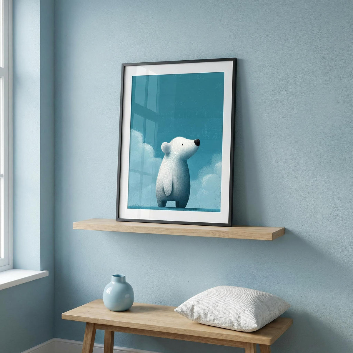 Cute Polar Bear Print leaning on a shelf with a blue vase and cushion in a light blue room