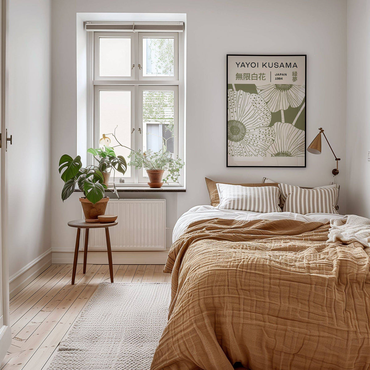 Sage Green Wall Art framed print close-up showing minimalist poppy flowers in sage green above bed with brown bedding