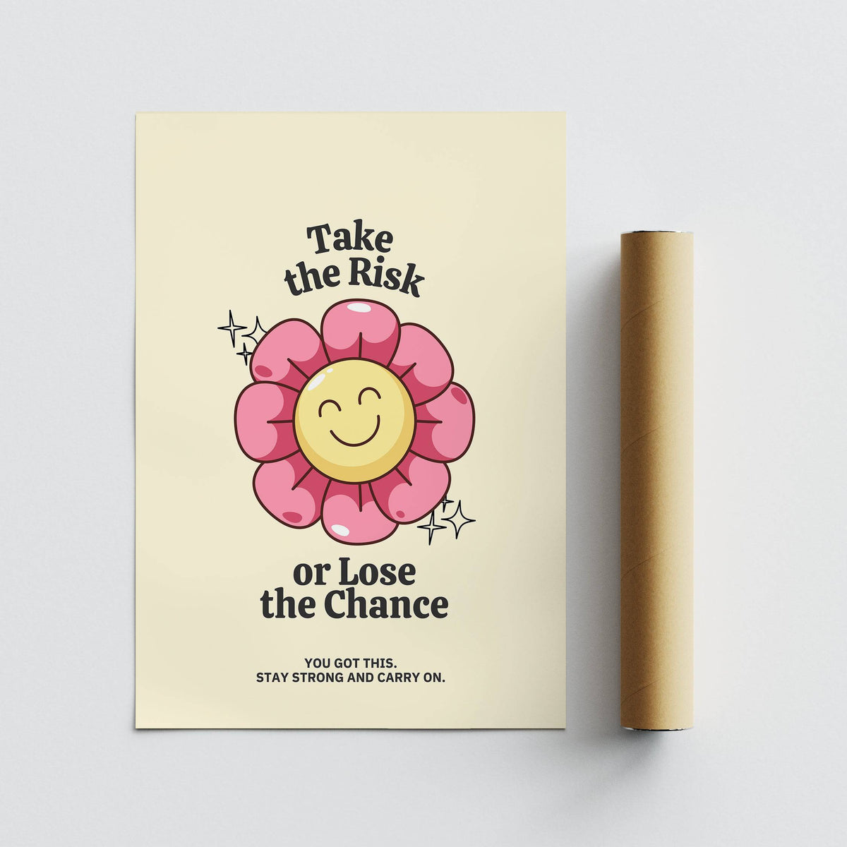 Motivational Quotes wall art showing a smiling flower illustration next to a packaging tube on a grey background
