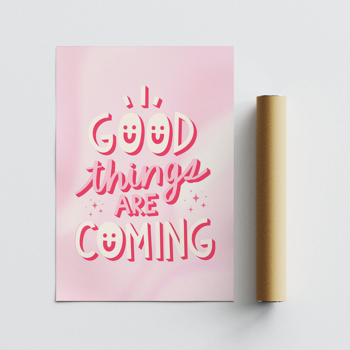 Motivational Posters for Students showing typographic positive message on pink swirled background with packaging tube