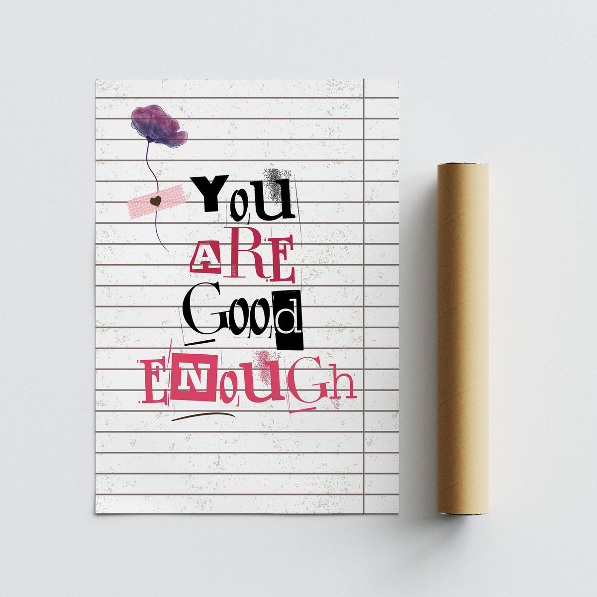 Motivational quote You Are Good Enough with a purple flower next to a packaging tube